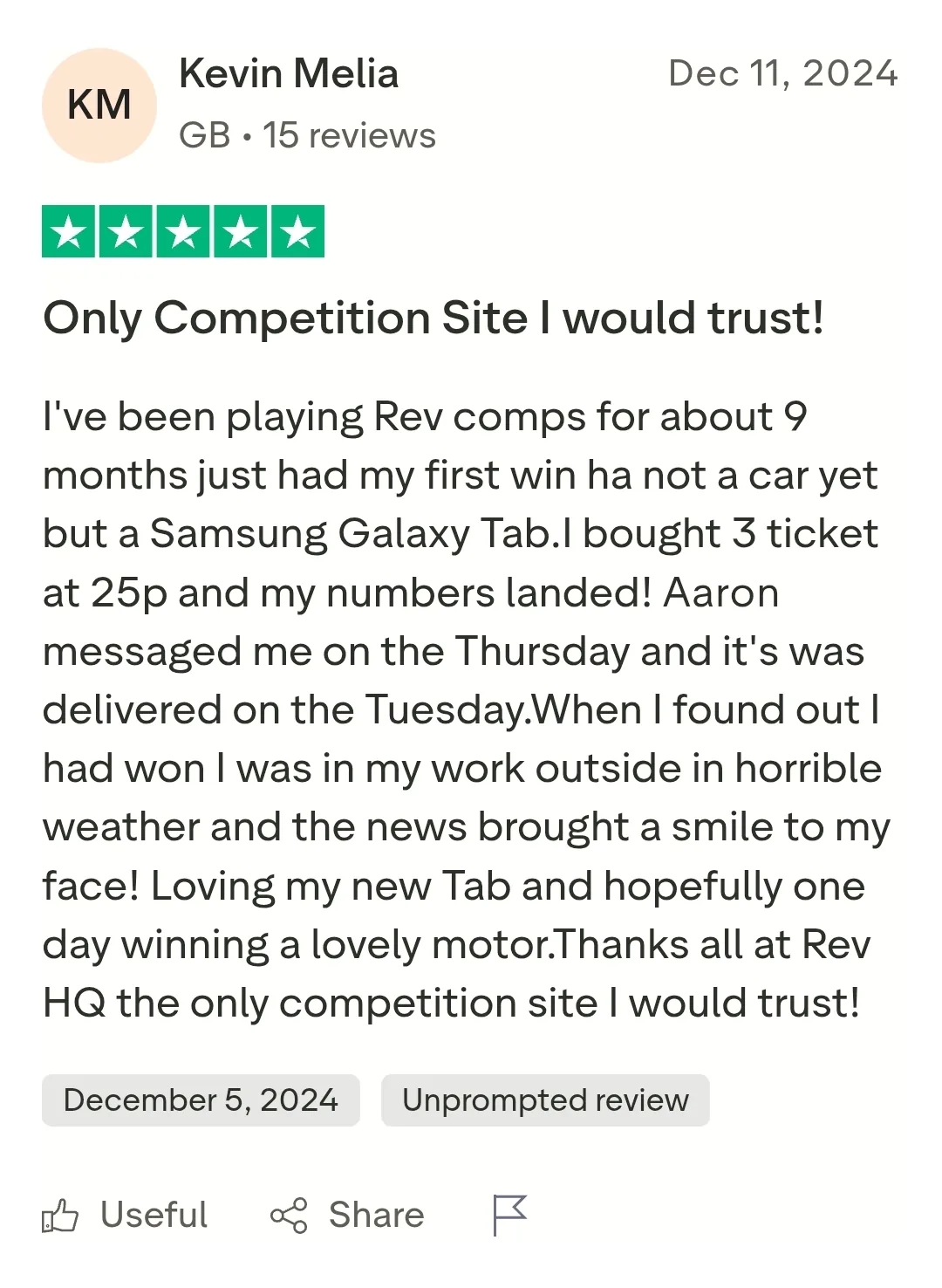 Kevin Melia, December 2024: five-star review saying Aaron messaged him and his Samsung Galaxy Tab was delivered by the Tuesday