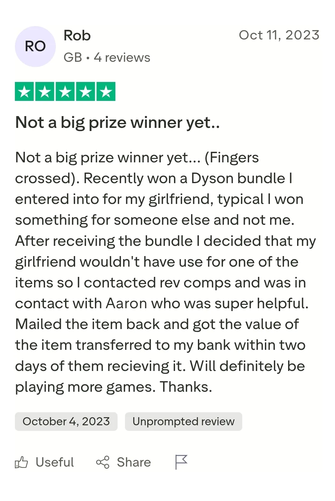 Rob, October 2023: five-star review saying Aaron was super helpful returning a Dyson bundle item and refunding its value within two days