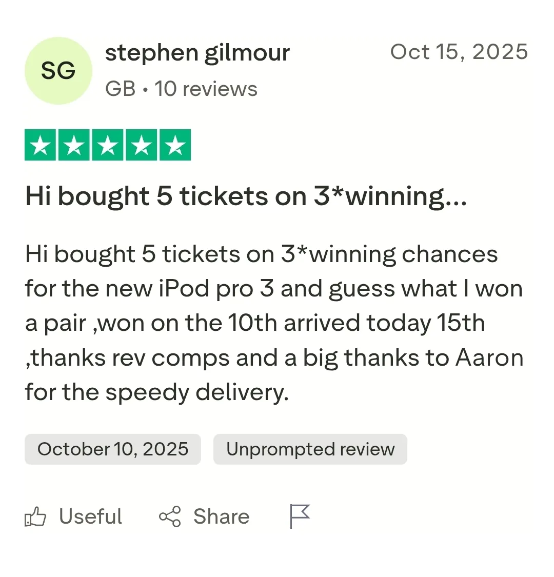 stephen gilmour, October 2025: five-star review thanking Aaron for the speedy delivery of a pair of iPods